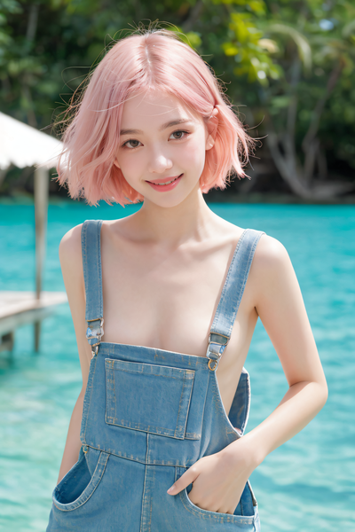 3D It’s summer and the girl with pink hair is wearing suspenders by the pool - Ai Generated